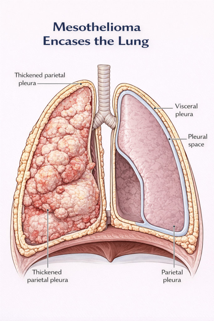 medical illustration of lung covered with mesothelioma and a healthy lung